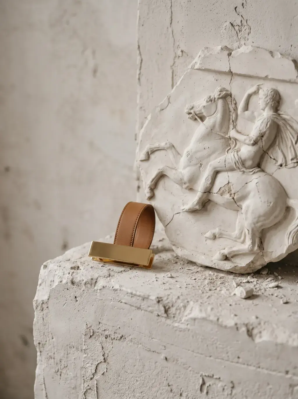Fermoir doré et pièce de cuir brun exposés devant un bas-relief blanc