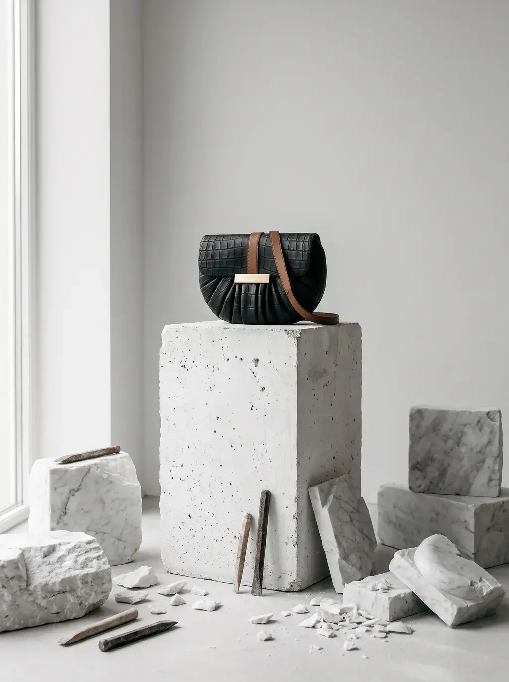 Sac croco sur socle blanc et marbre brut, outils d'atelier en studio
