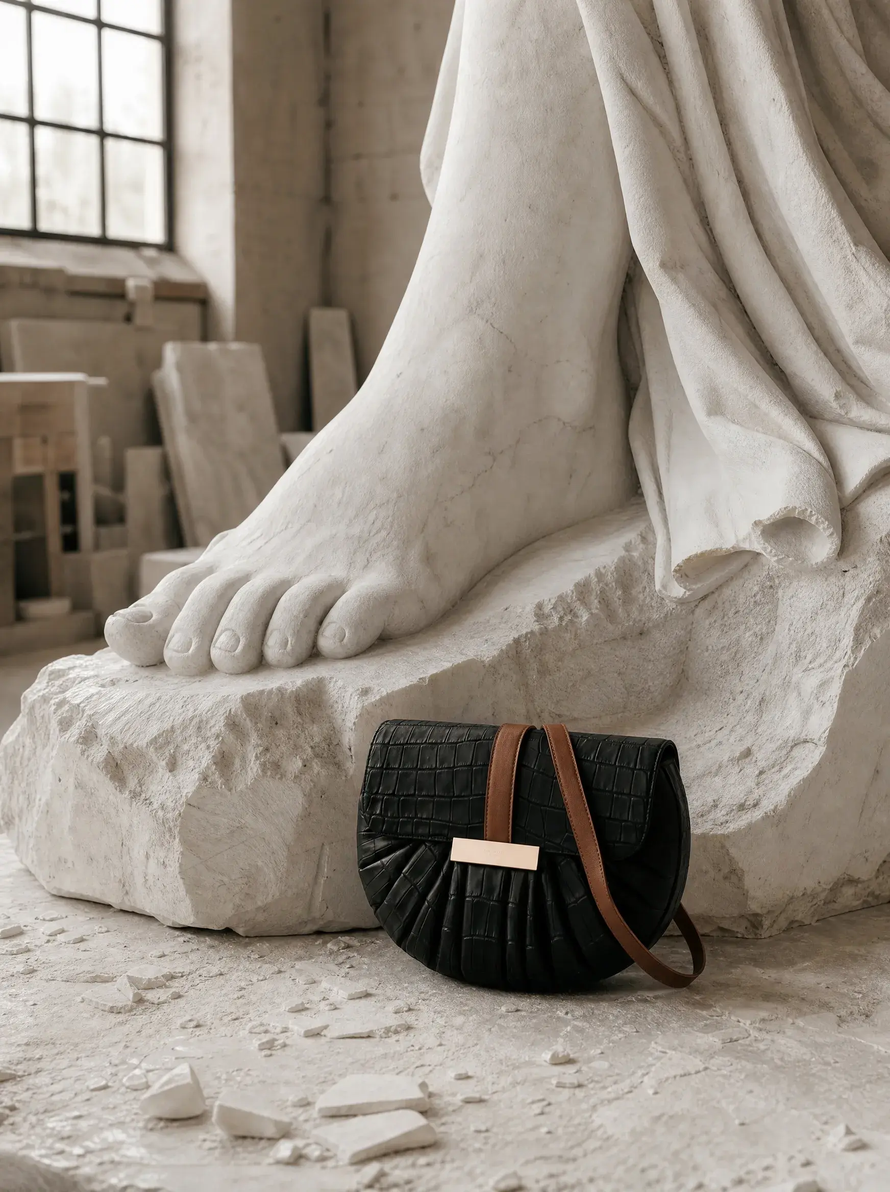 Petit sac noir posé au pied d’une sculpture monumentale en plâtre blanc