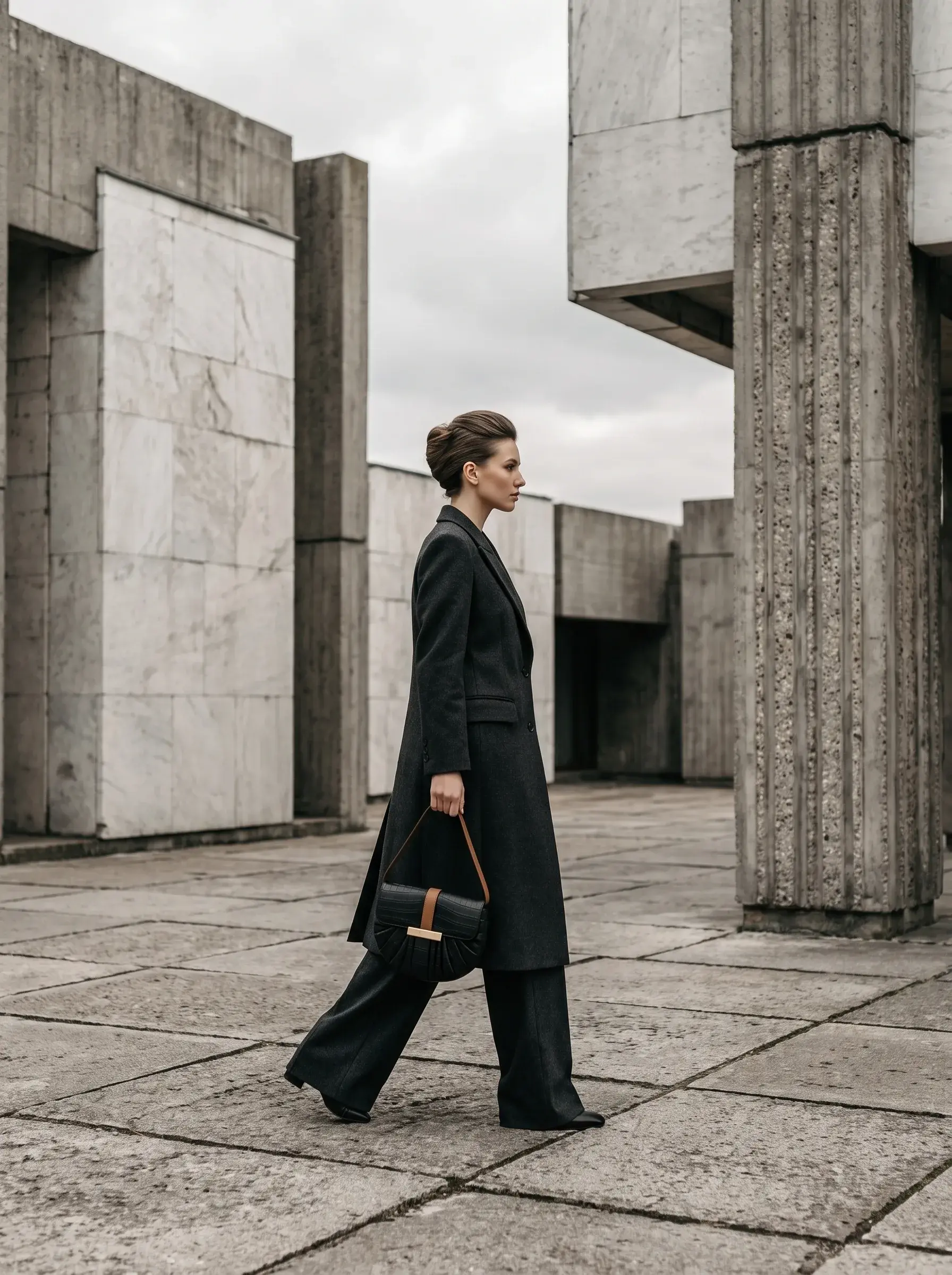 Femme en tailleur noir marchant avec un sac tressé entre des colonnes de béton