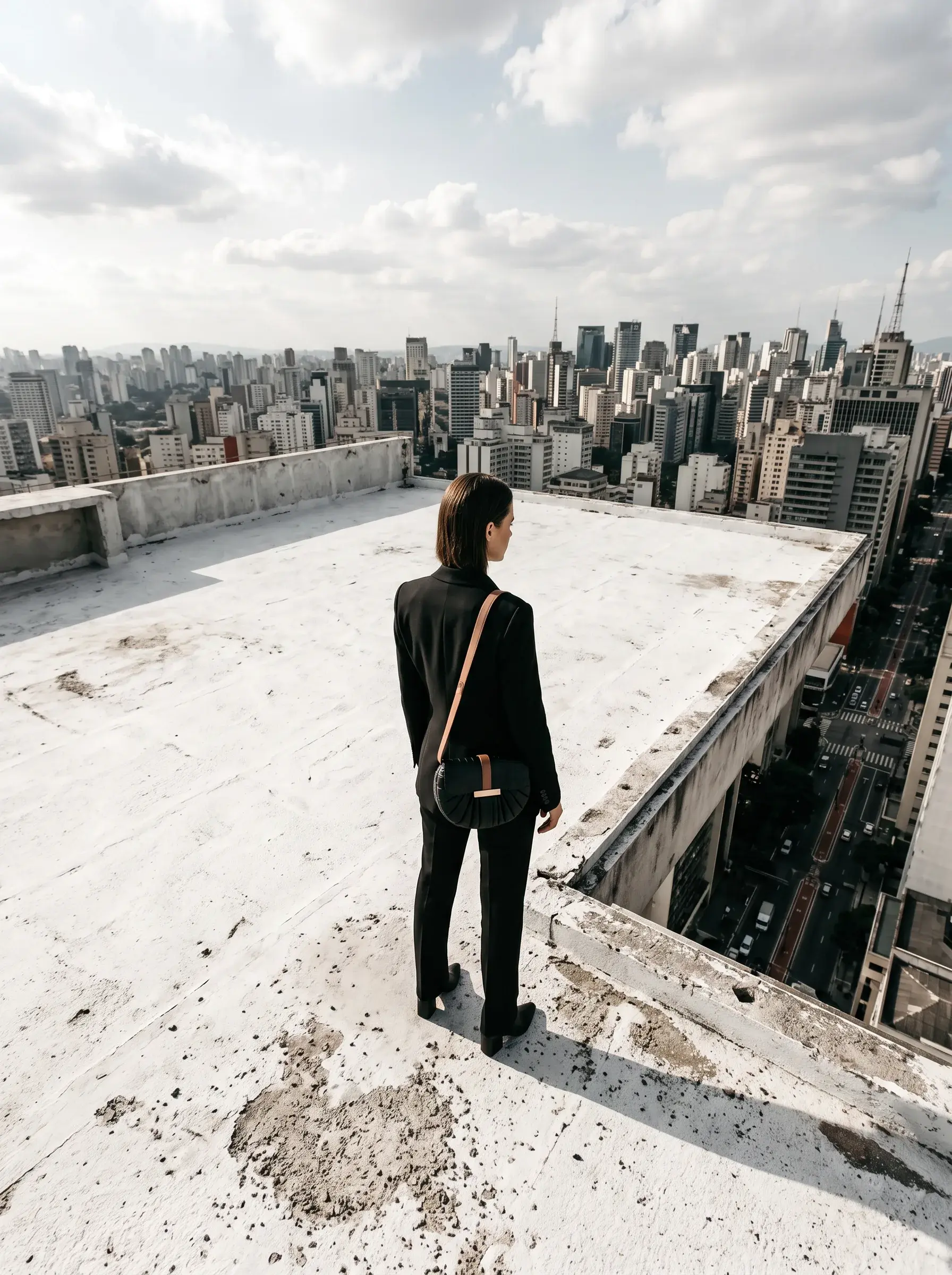 Femme en tailleur noir contemplant une ville depuis un toit en béton