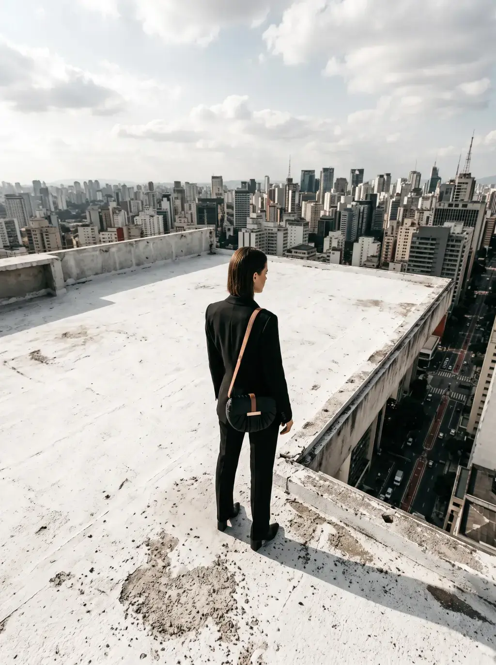 Femme en tailleur noir contemplant une ville depuis un toit en béton