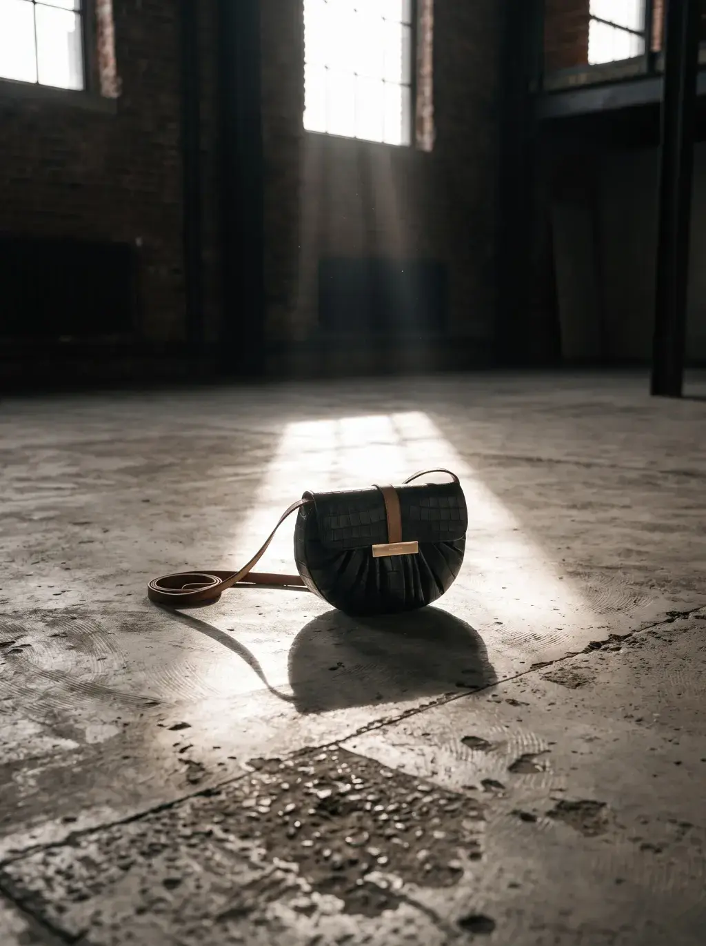 Petit sac noir isolé dans un rayon de lumière au centre d’un atelier sombre