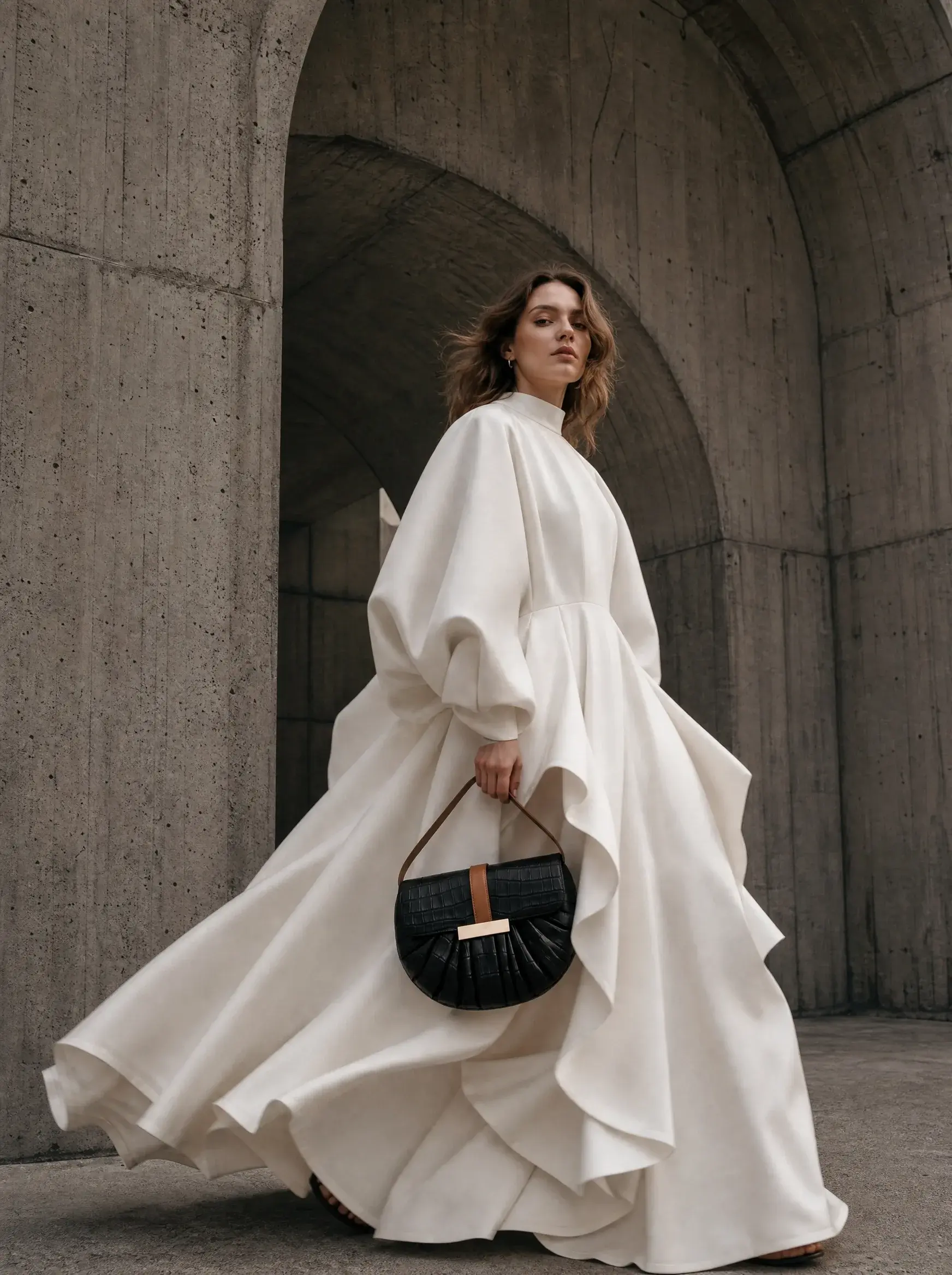 Femme en robe blanche architecturale portant un sac noir dans un passage brutaliste