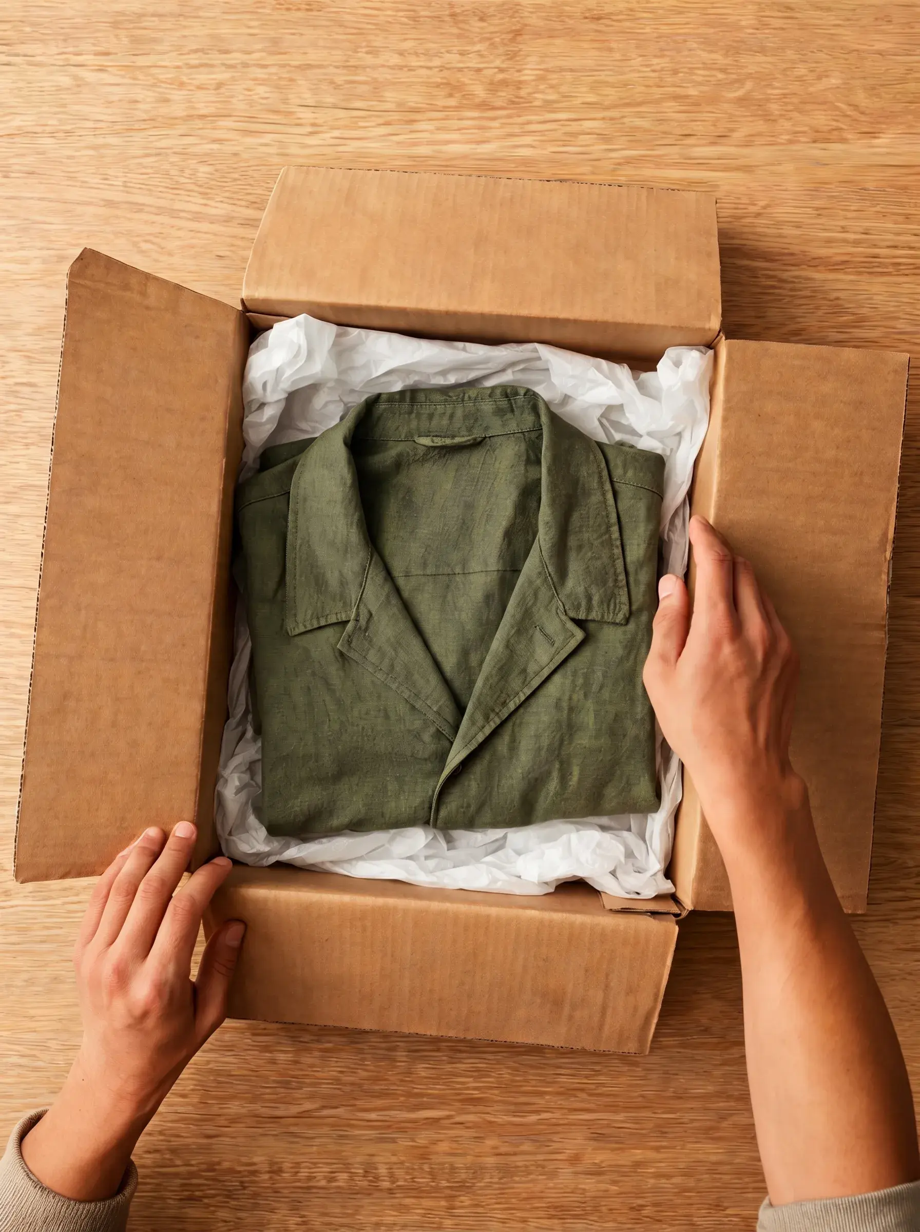 Mains ouvrant une boîte en carton contenant une veste verte soigneusement pliée