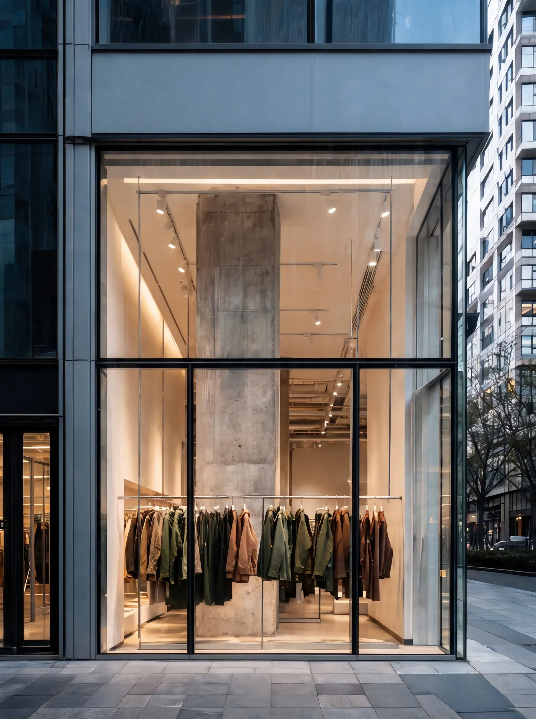 Façade vitrée d’une boutique de vêtements contemporaine éclairée en centre-ville