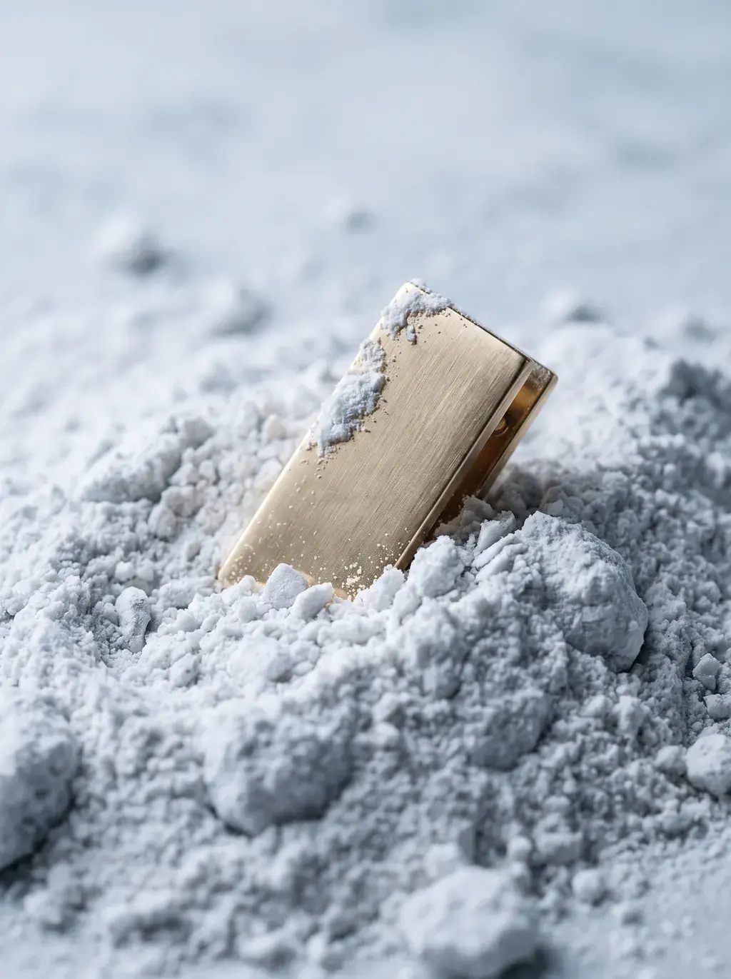 Fermeture dorée du sac partiellement enfouie dans poussière de marbre blanc