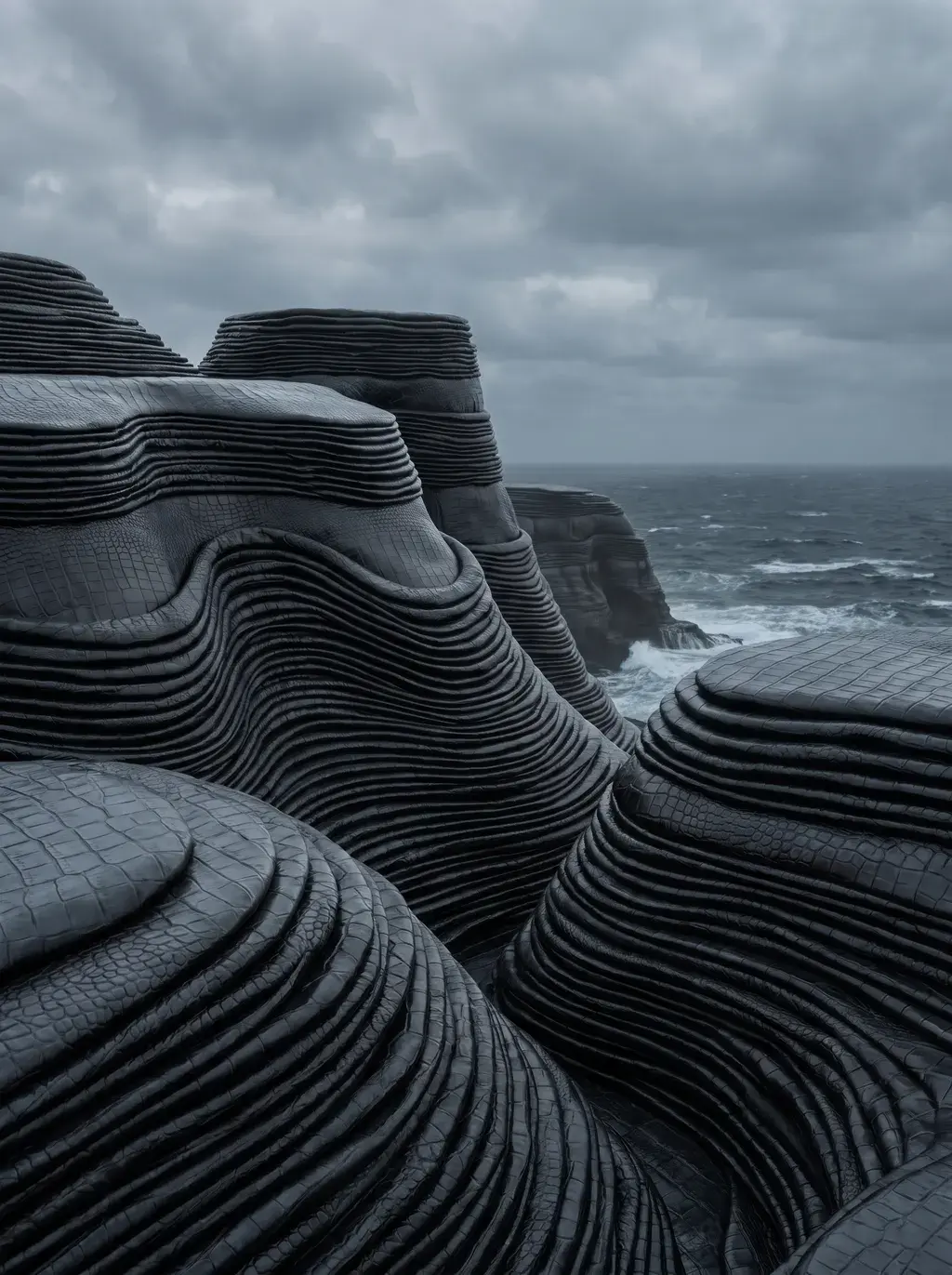 Formations rocheuses côtières évoquant la texture du cuir croco, mer grise