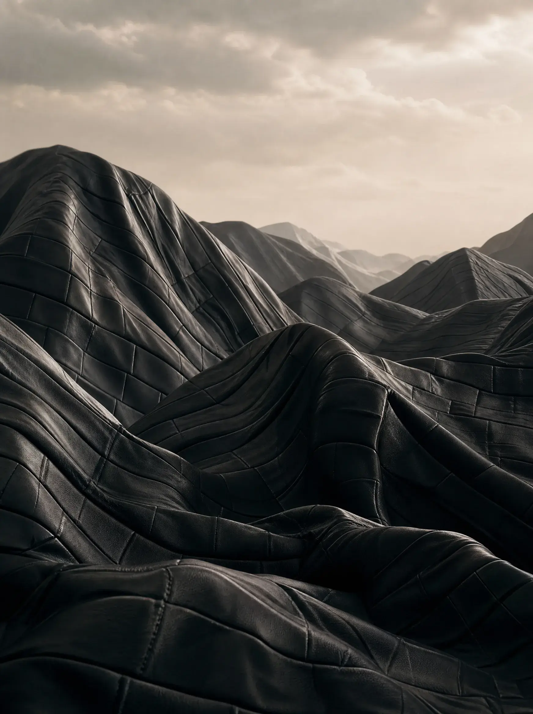 Paysage surréaliste de montagnes ondulées formées par du cuir noir