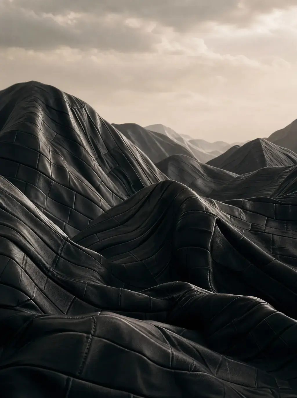 Paysage surréaliste de montagnes ondulées formées par du cuir noir
