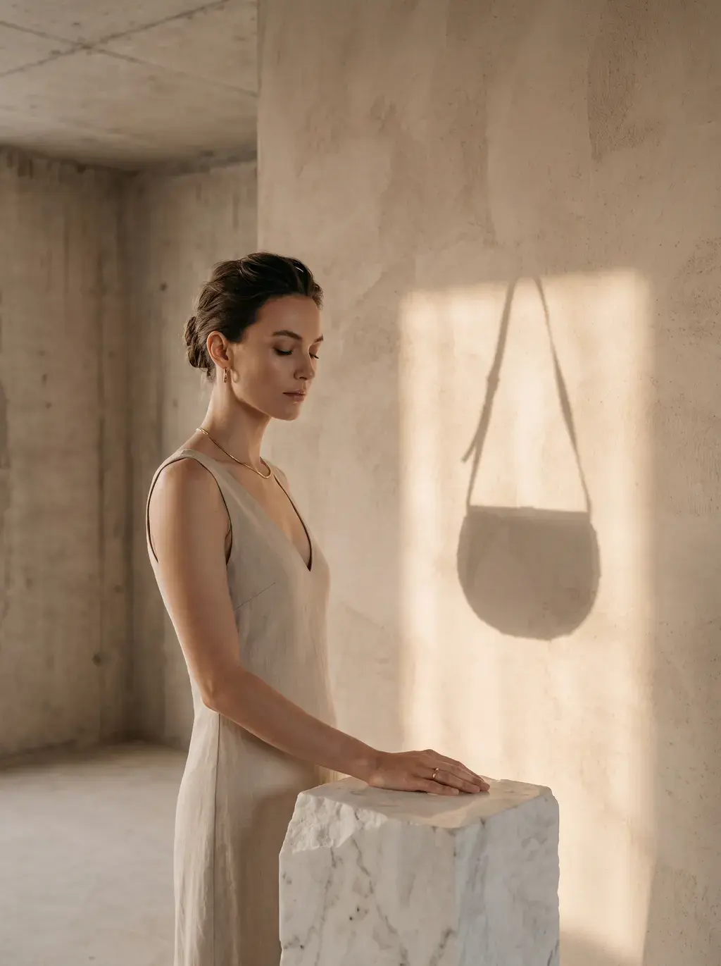 Femme en robe lin beige, ombre du sac croco projetée sur mur béton