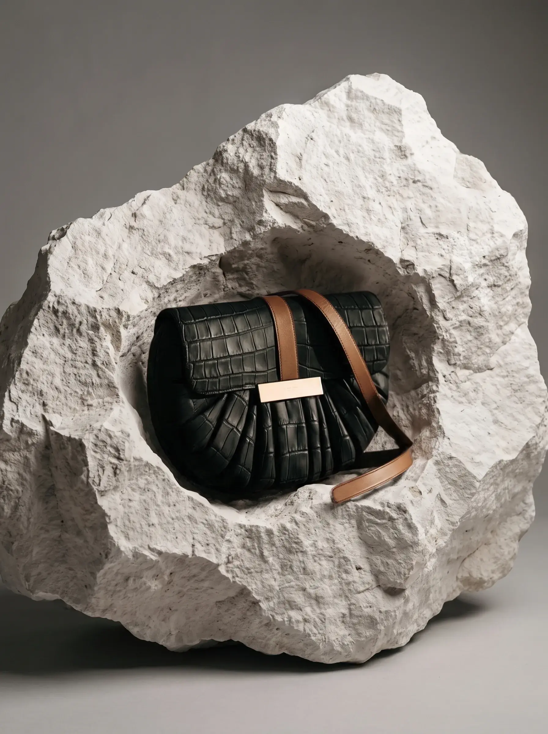 Sac noir à bandoulière brune incrusté dans un grand bloc de roche blanche