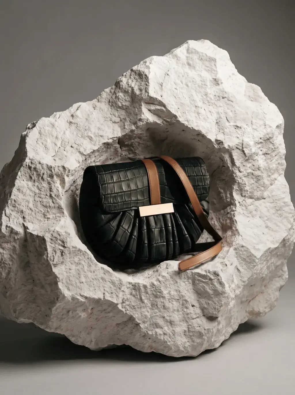 Sac noir à bandoulière brune incrusté dans un grand bloc de roche blanche
