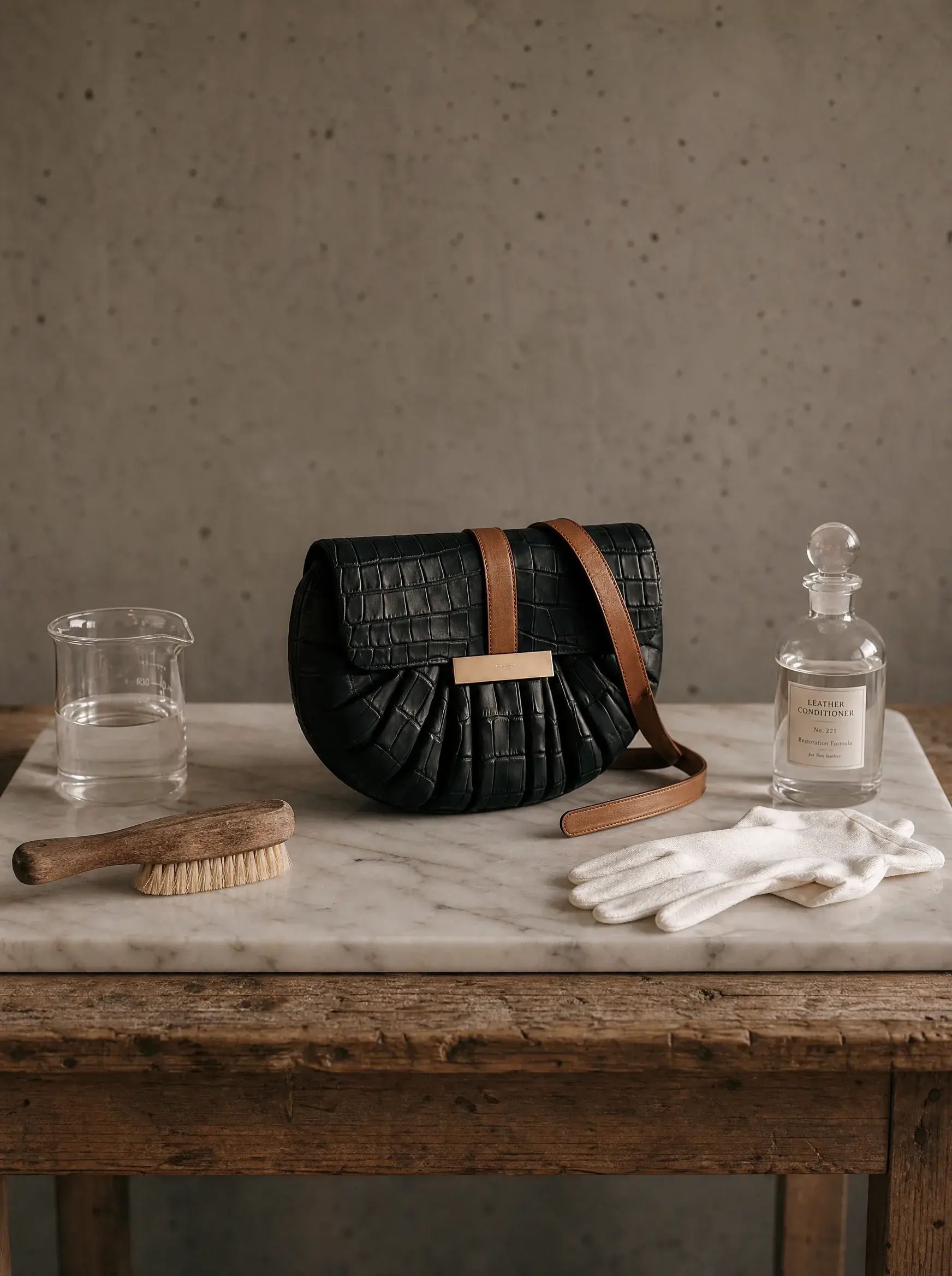 Sac noir entouré de flacons transparents, brosse et accessoires d’entretien