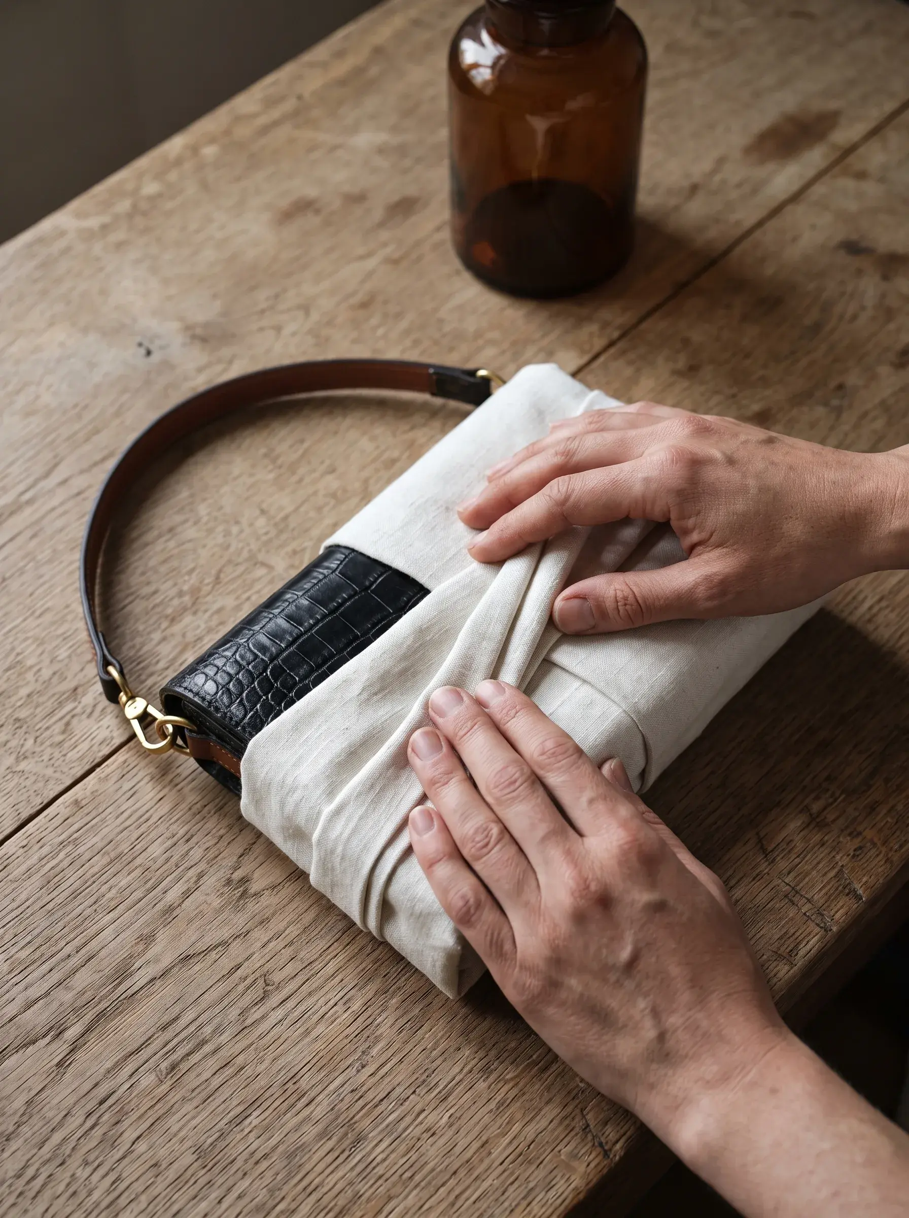 Mains enveloppant un sac noir dans une housse blanche sur une table en bois