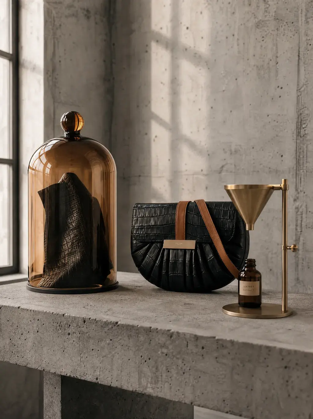 Cloche en verre ambré, sac croco et entonnoir en laiton sur plan en béton
