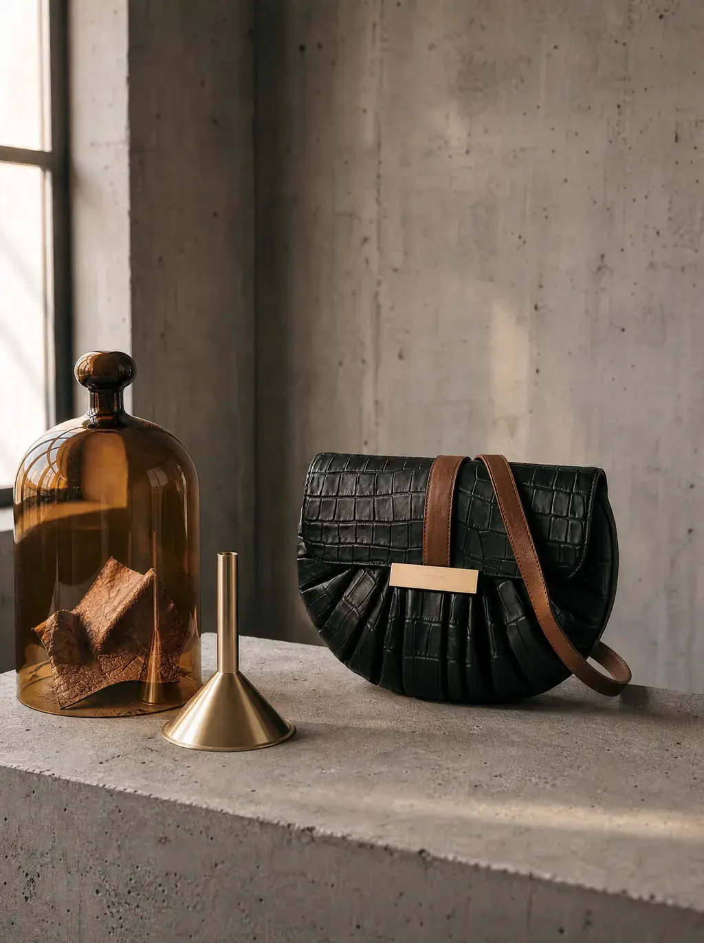 Sac croco et cloche en verre ambré avec entonnoir en laiton sur rebord béton