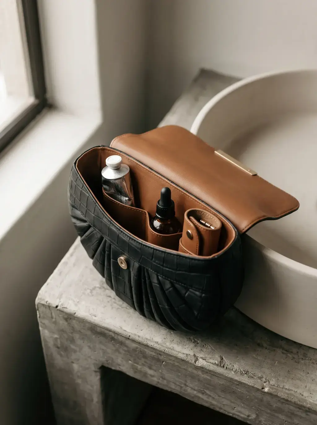 Sac noir tressé ouvert contenant un organiseur brun et plusieurs flacons cosmétiques