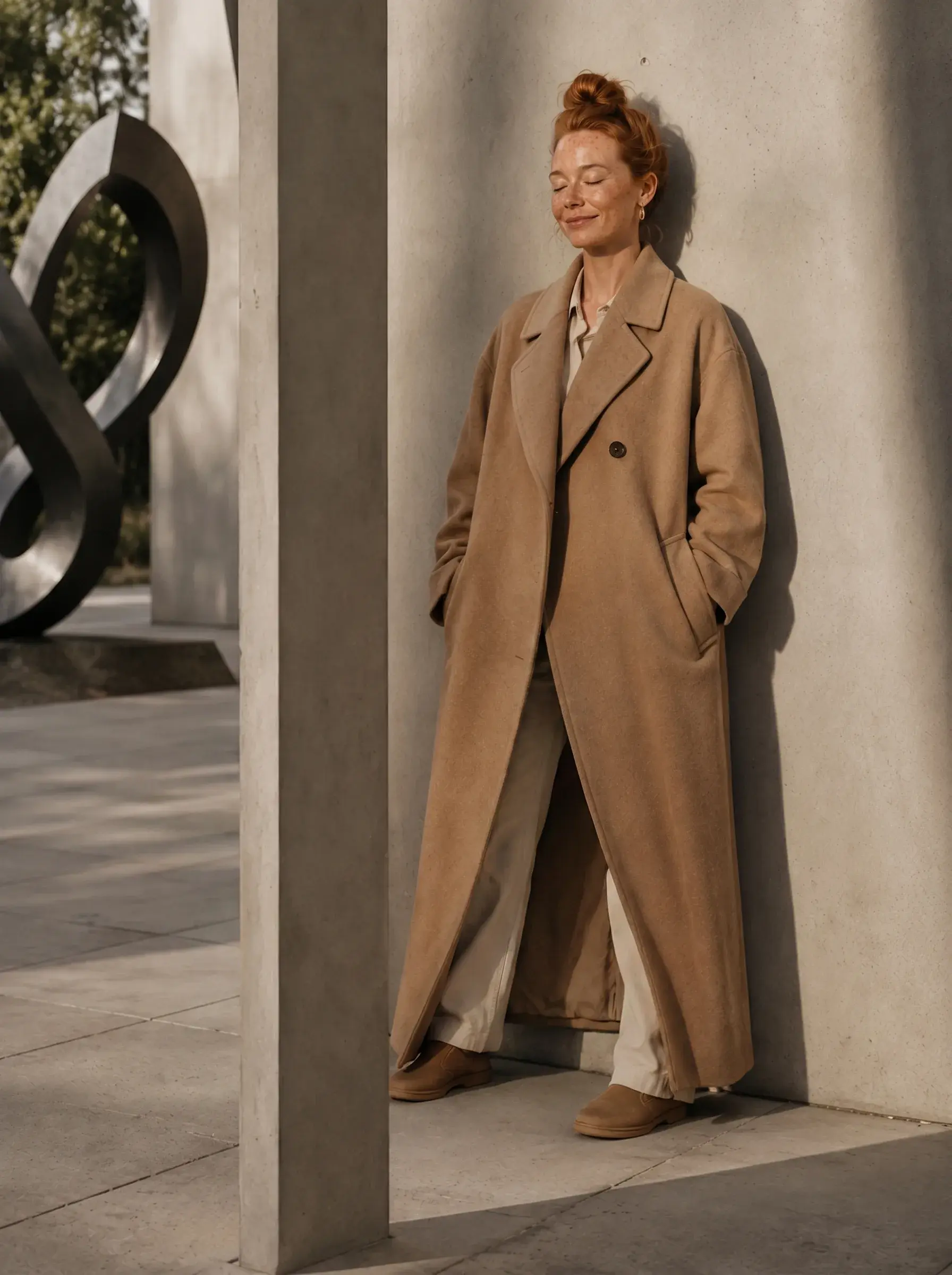 Femme rousse en long manteau camel posant entre deux colonnes de béton