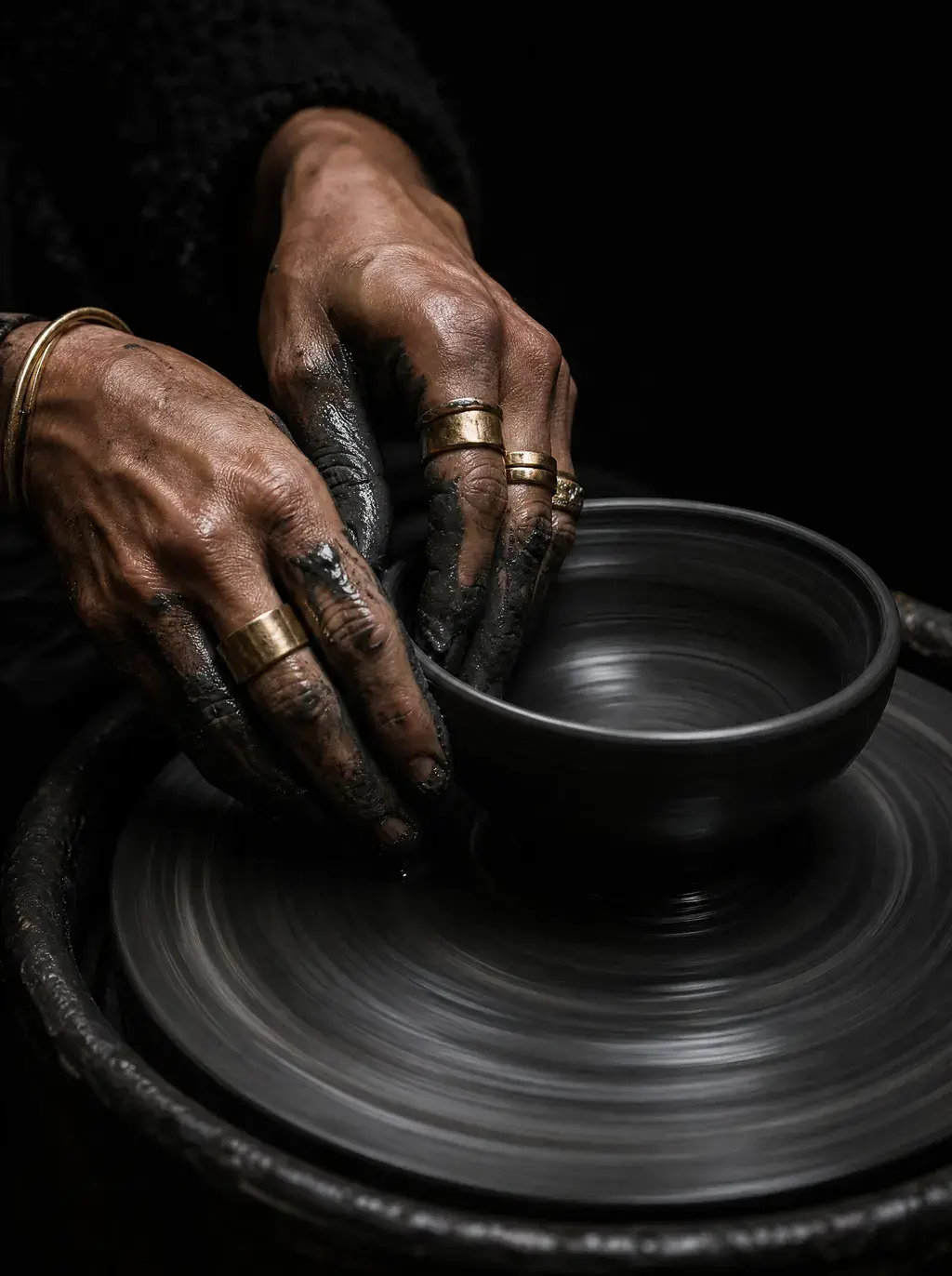 Mains façonnant un bol sur tour de poterie, argile noire et bijoux dorés