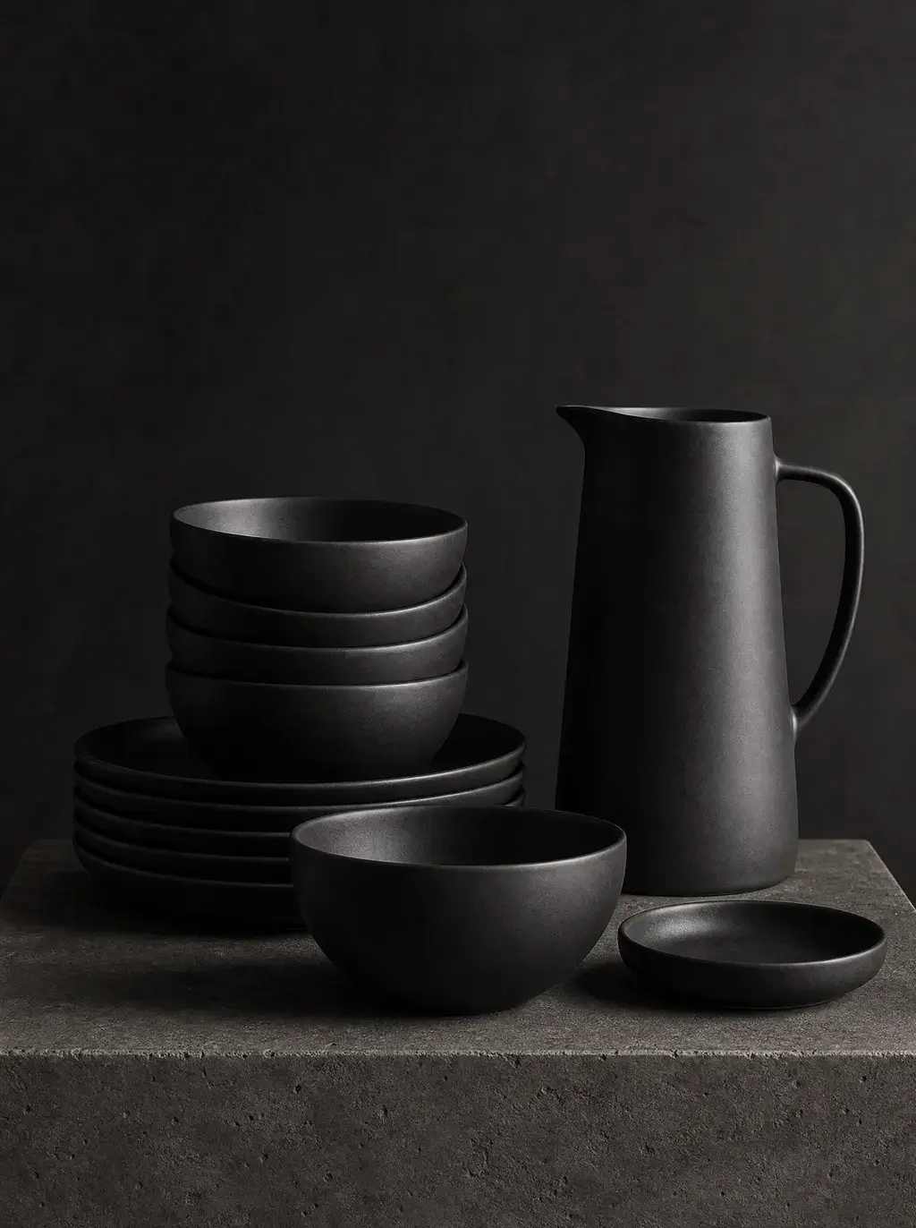 Empilement bols, assiettes et pichet sur béton
