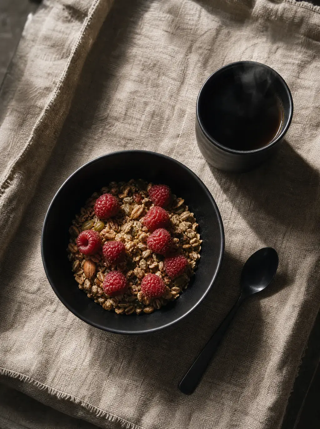 Vue de dessus — granola et café sur lin (flat lay)