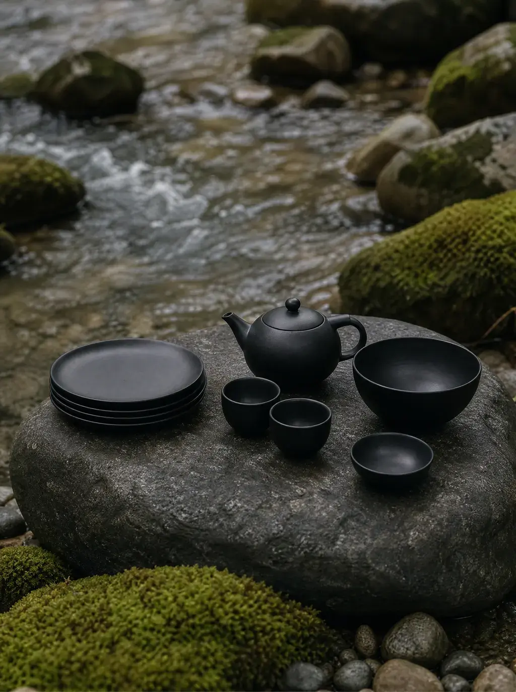 Service céramique sur rocher moussu au bord de l'eau