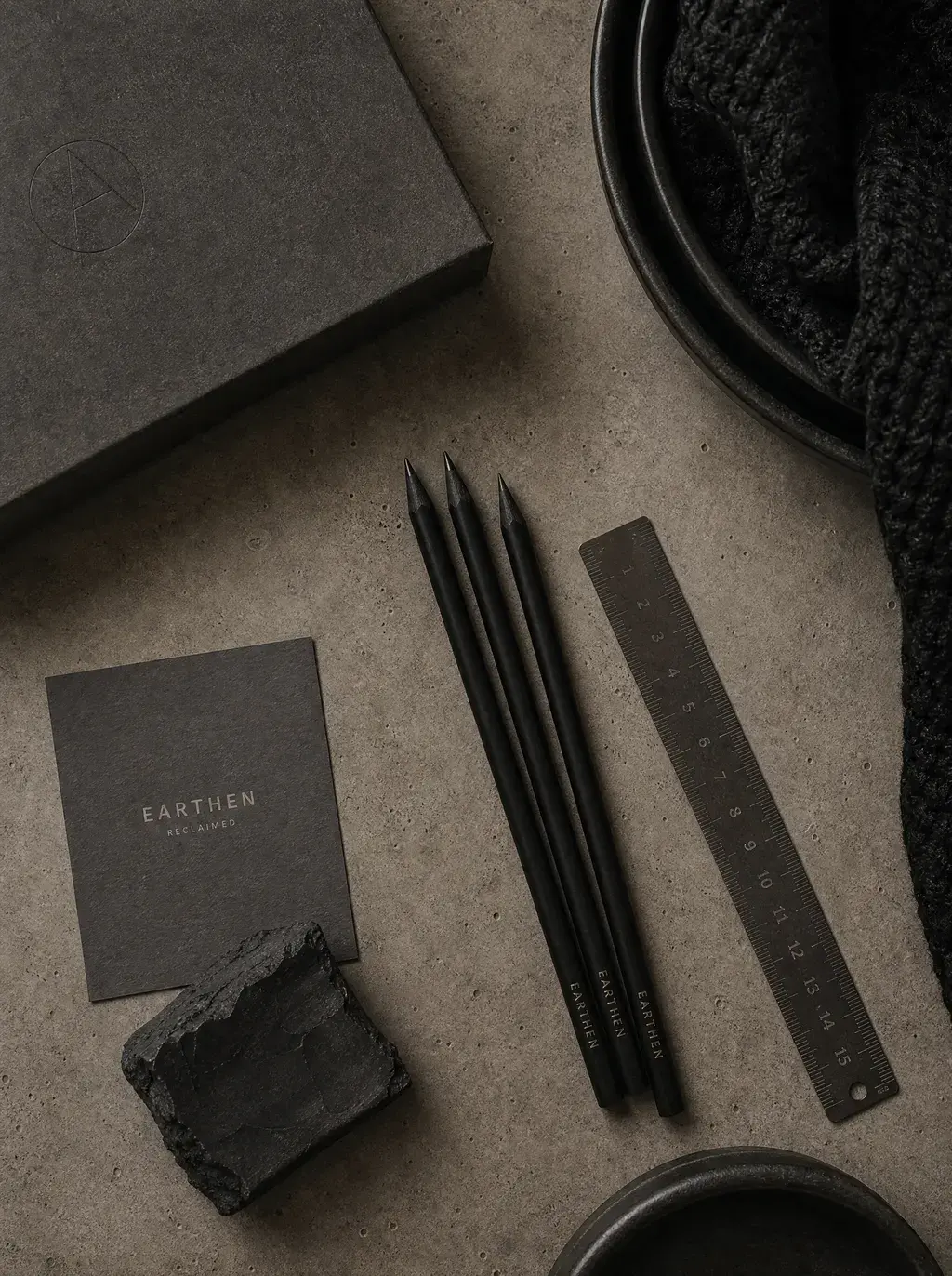 Flat lay identité de marque Earthen Reclaimed — carte, crayons, règle