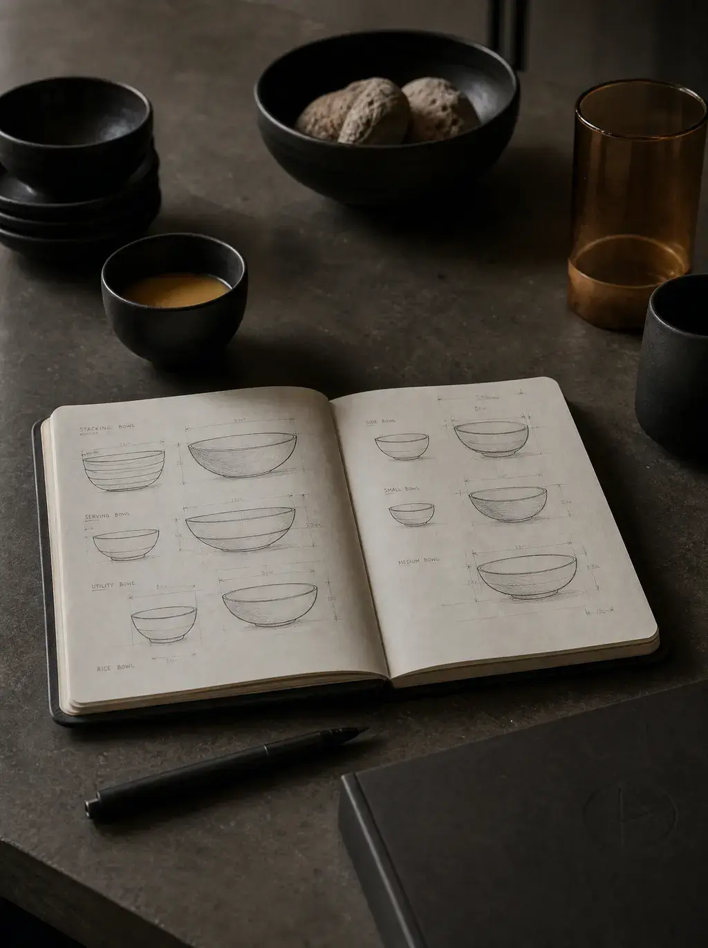 Carnet de design ouvert avec croquis dimensionnés et café