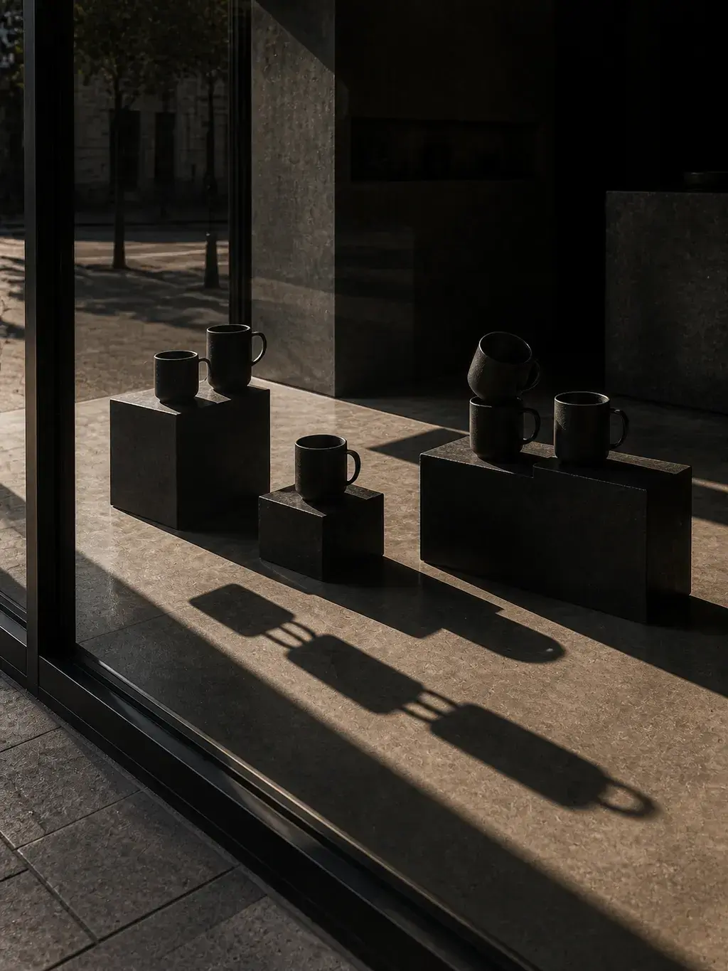Mugs en céramique noire sur présentoirs cubiques dans vitrine boutique