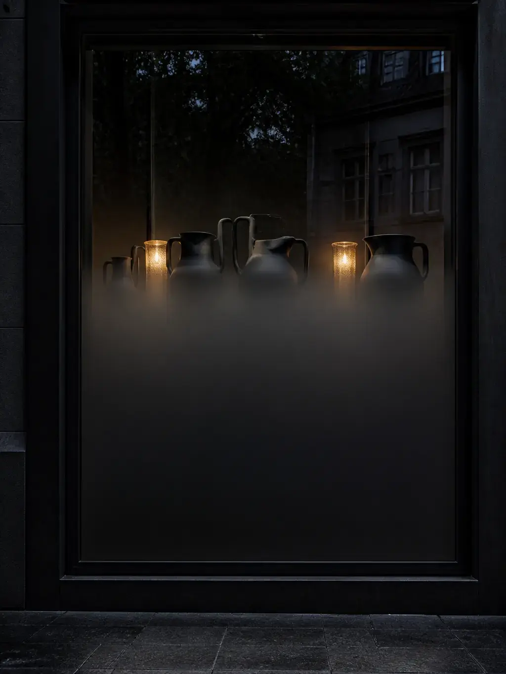 Pichets en céramique noire derrière vitre embuée de nuit en boutique